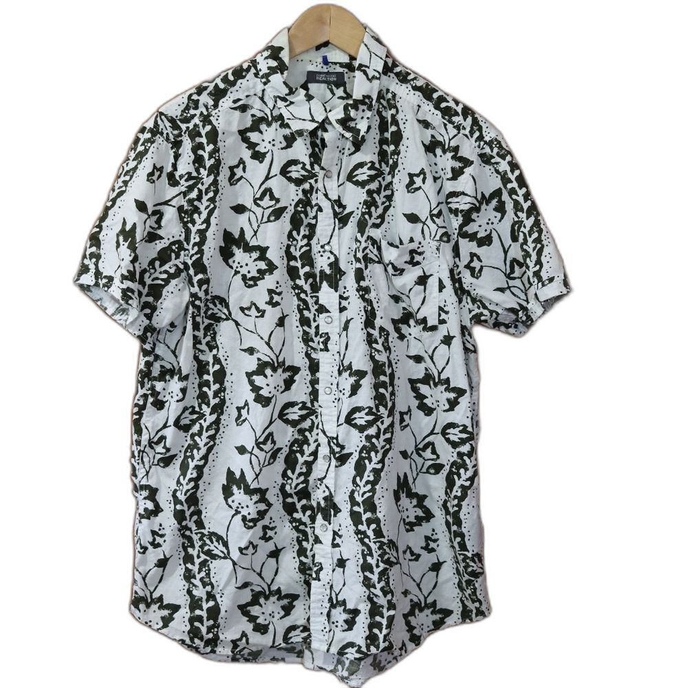 Kenneth Cole Reaction Black and White Patterned Pearl Snap  Shirt LG
